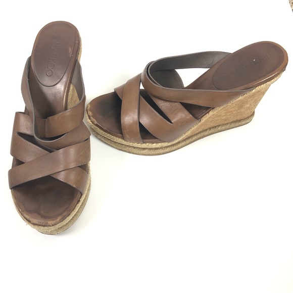 Jimmy Choo Cork Wedge 38 Heels Sandals Camel Brown Leather Strappy Shoes - Picture 1 of 10
